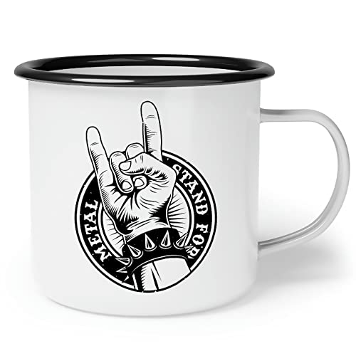 OM3® Tazza smaltata con mano in metallo – Metalhand Devils Horn Hardrock Music | Tazza smaltata | 12oz 300 ml | stampa su entrambi i lati | bianco e nero