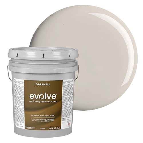 EVOLVE Interior Paint & Primer, Eggshell (Warm Gray), 5 Gallon – One-Coat Coverage, Excellent Hide, Low VOC, Low Odor, Washable Paint for Walls, Doors & Trim