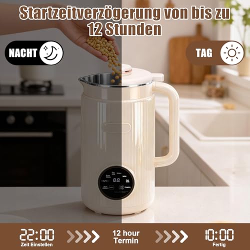 HISUEKIG 8 in 1 Nussmilchmaschine, 1200ml Automatische Sojamilchmaschine mit Temperaturregelung, 12 Klingen, 8 Stunden Warmhaltefunktion und Selbstreinigung, für Hafermilch Mandelmilch Sojamilch