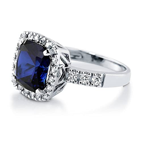 Berricle R238-SP-7 Sterling Silver Halo Simulated Blue Sapphire Cushion Cut Cubic Zirconia Cz Statement Cocktail Fashion Ring thumb #2