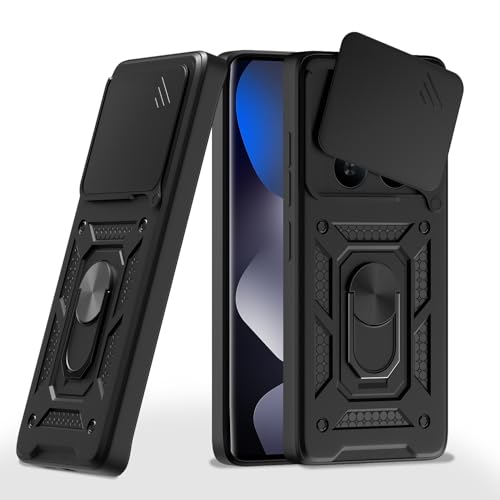 Image of Pikkme Back Cover for Redmi Note 15 5G | 360 Protection Case | Sliding Camera Shield Cover & Ring Holder Stand D10 Tough Armor Bumper Case (Black)