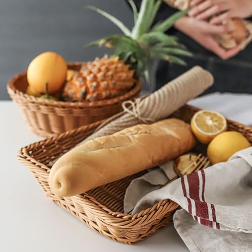 FUNSUEI 3 Pack 15.6 x 11.8 x 3.4 Inches Rectangular Poly Wicker Bread Baskets, Food Serving Baskets, Handmade Woven Pantry Organizer for Storing Bread, Vegetables, Fruits, Snacks and Crafts, Brown