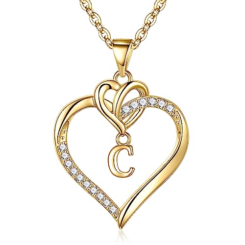 STORUP Heart Initial Necklaces for Women 14K-Gold-Plated Heart Initial C Necklace Dainty Heart Necklaces for Women Cute Heart Necklaces for Women Jewelry Gifts