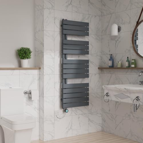 Warmehaus Prefilled Electric Heated Towel Rail with Timer Designer Flat Panel Thermostatic Bathroom Towel Radiator Sand Grey 1380x500mm