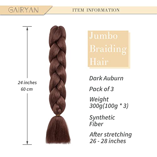 Gairyan Braiding Hair Extensions Ombre Jumbo Braids Synthetic Hair 3 Packs 24 inches 300g Coloured Hair for Braiding Extensions Box Braids Crochet Twist (Dark Auburn) - Image 2