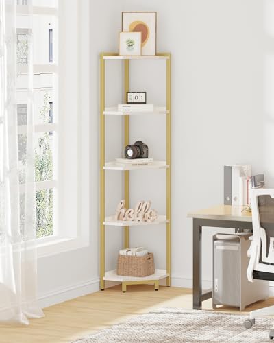 Hzuaneri Corner Shelf Stand, Corner Bookshelf, Storage Standing Shelf Unit with Metal Frame, Plant Stand, Bookcase for Living Room, Home Office, Bedroom, 5-Tier White Gold CS05903A - Thumbnail 7