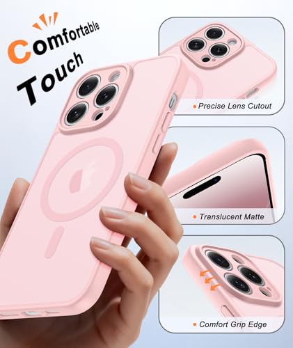 Image of FNTCASE for iPhone 14 Pro-Max Case: Translucent Pink Slim Cases Compatible with MagSafe, Full Camera Protection & Tempered Glass Protector, 14FT Military Grade Drop Tested, Matte Skin-Friendly Cover