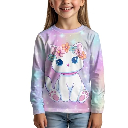 Image of Girls Cartoon Print Long Sleeve Graphic Tee Casual Crew Neck T-Shirts for 3-16 Years Little Girls