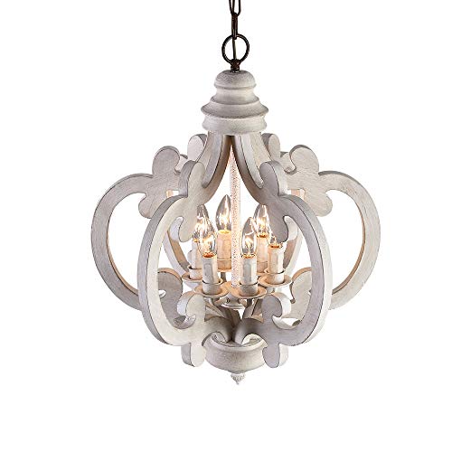 Lovedima Rustic Vintage Iron Wooden Chandelier 6-Light Candle Hanging Ceiling Light in Distressed White