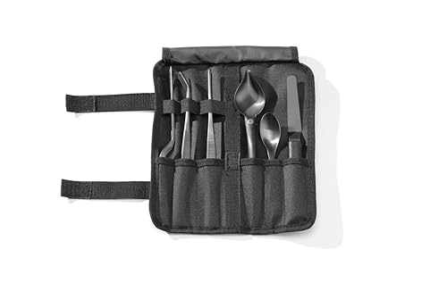 HENDI Anrichteset, 6 Stück: Pinzette-Löffel,-Spatel, inkl. Etui, Edelstahl, schwarz