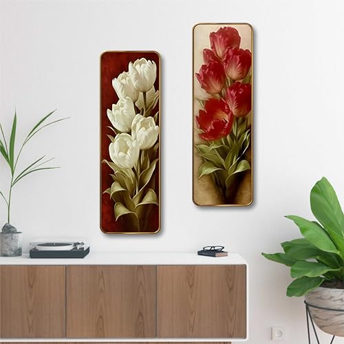 Image of Livin'luxe Red & White Tulip Set of 2 Vertical MDF Wall Panels | Premium Sparkle Lamination Finish | Elegant Floral Art Wall Decor for Living Room & Bedroom (12 x 18 Inch) AS-03