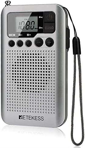 Retekess TR106 Portable Mini Pocket Radios AM FM Digital Tuning, AAA Battery Powered, Support Clock, Alarm, Sleep Timer, FM Stereo for Walking (Silver)