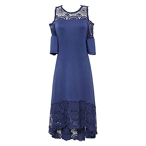 Plus Size Dress for Women,Floral Lace Cold Shoulder Spaghetti Strap Long Maxi Dress Elegant High Waist A-Line Swing Flowy Loose Fitting Mother of The Bride Dress(D Blue,3X-Large)