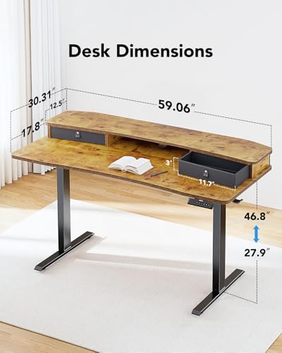 HUANUO 60″ x 30″ Electric Standing Desk with 2 Drawers, C-Clamp Mount Compatible, Height Adjustable Computer Desk, Home Office Stand Up Desk with 4 Preset Heights & 2 Hooks, Vintage Brown