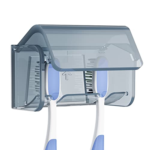 Linkidea Support Mural ventilé pour brosses à Dents avec Couvercle, 2 emplacements, Fixation Auto-adhésive pour Douche, Camping-Car, Caravane, Salle de Bain