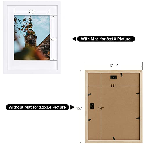 11X14 Real Wood Photo Frame - White Color - Mat For 8X10 Picture Included - Wall Mounting - Portrait/Landscape - Real Glass Panel - Classic Simple Design - Perfect For Group Shots, Family Photographs #TOP2