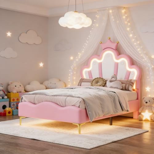 BRILVERDE Mädchenbett 90 x 200 cm mit LED, Prinzessinnenbett mit Kopfteil, Rahmen mit Lattenrost, für Mädchen, für Kinder und Jugendliche, PU (Rosa, 90 x 200 cm)