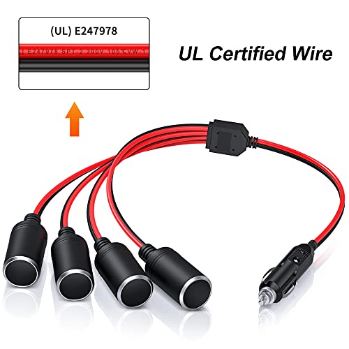 Electop 1 To 4 Car Cigarette Lighter Splitter Adapter Power Charger Port, 12V 24V Plug Socket Adapter 4-Way Splitter, 12 Inch Cigarette Lighter Extension Cord Cable 16Awg With 15A Fuse #TOP3