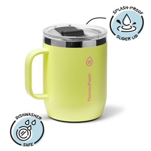Image of ThermoFlask Drinkware 12 oz Coffee Mug - Double-Wall Insulated for Hot & Cold Drinks - Lightweight & Simple with Innovative Press In Slider Lid - Modern & Durable - Unmellow Yellow