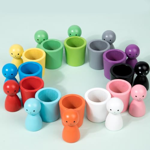 Muñecas de madera en tazas, taza clasificadora de colores de 3,9 x 6,6 cm, conteos educativos y juguetes de juego de colores para niños pequeños | Perfecto para niños mayores de 3 años de tiempo de