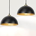 Pendant Lights Kitchen Island, 2 Pack Industrial Pendant Light Fixtures Ceiling Hanging with Hammered Metal Shade, Black Pendant Lighting with Gold Lined, Height Adjustable