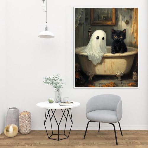 Image of Clendo Halloween Paint by Numbers Kit for Adults, Ghost Oil Painting by Numbers with Brushes, Black Cat Art and Crafts Canvas Kit for Beginner Home Decor 16x20 inch / 40x50 cm