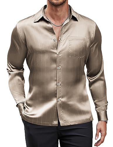 COOFANDY Mens Luxury Satin Dress Shirt Shiny Silk Long Sleeve Button Up Shirts Wedding Shirt Party Prom