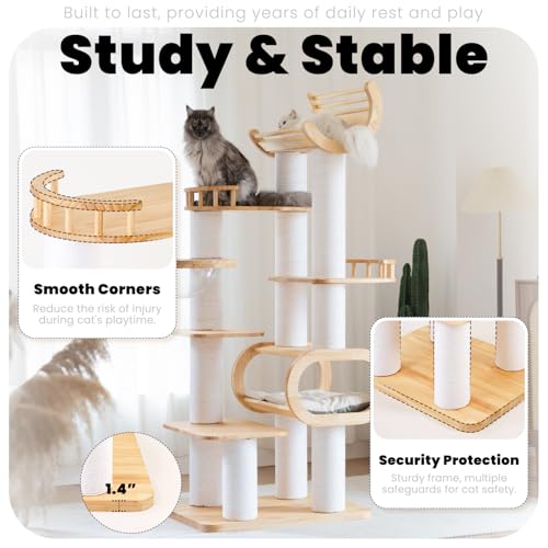 Image of 74.8 inch Modern Cat Tree for Indoor Cats, Tall Wood Cat Tower with Scratching Post, Heavy Duty Luxury Condo with Removable Mats, Multi-Level Cat Furniture for Cats