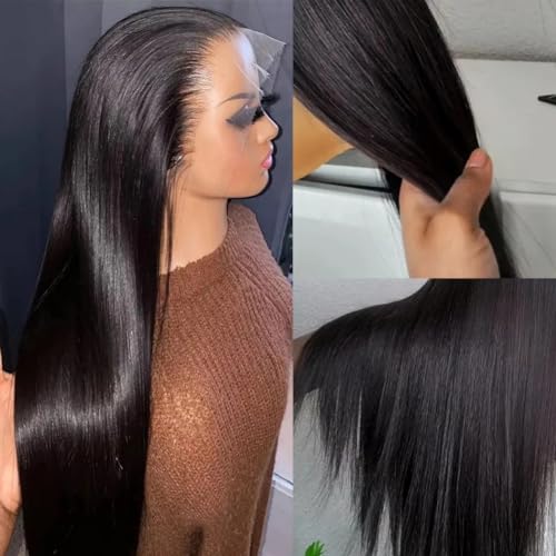 NICY 360 Transparent Lace Straight Wig Remy Human Hair Updo Pre Plucked Glueless Frontal Wigs Hair Extrenstion with Baby Hair (Natural color Straight, 18inch)