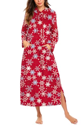 Ekouaer Camisón de manga larga con capucha para mujer, color de contraste, longitud completa, con bolsillo, S-4XL, Rojo (Red Snowflake), XXL