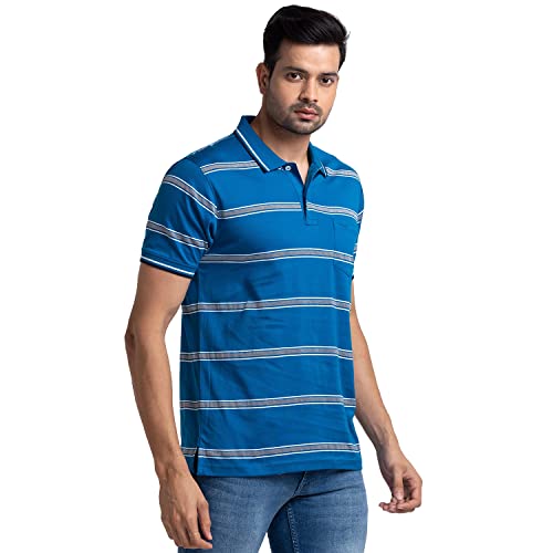 Image of Colorplus Men's Pure Cotton Stripe Pattern Tailored Fit Polo Neck Half Sleeve Casual T-Shirt