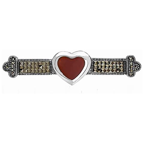 Silver Empire Fine Jewelry | 925 Sterling Silver Brooch for Women | Heart Shaped Red Carnelian Bar Pin with Square Cut Marcasite | Ladies Brooches | Inlay Set | Hypoallergenic Cover
