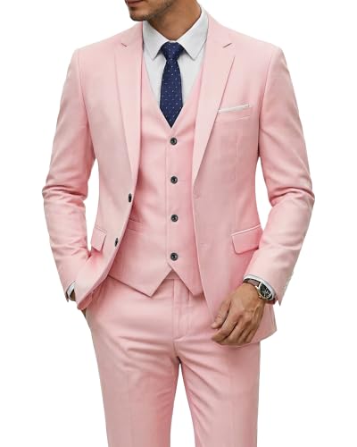 Image of YND Men's 3 Piece Suit with Tie, Solid Color Slim Fit Jacket Vest and Pants