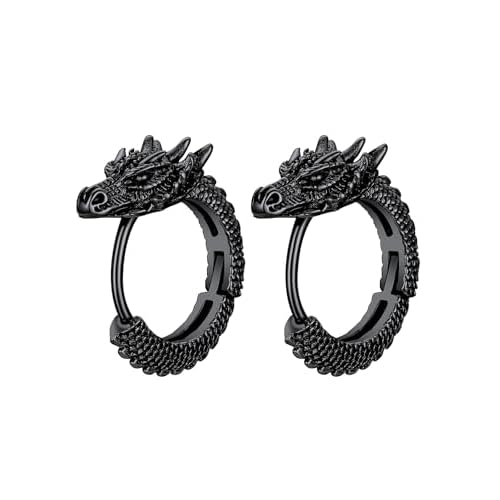 ChainsHouse Dragon Hoop Earrings for Men, Stainless Steel/14K Gold/Black Punk Rock Earrings Hypoallergenic Lightweight Stud Earrings Huggie Hoop Earrings Mens Jewelry Gift A: Dragon-Black