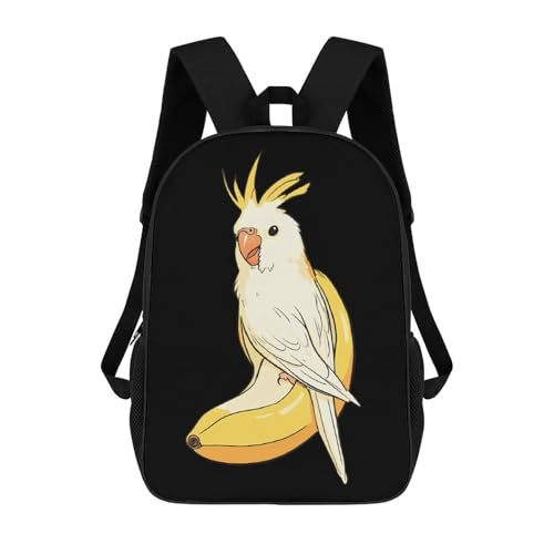 Cute Cockatiel Banana Printed 17 Inch Daypack Unisex Travel Laptop Backpack Large Capacity Shoulder Backpacks