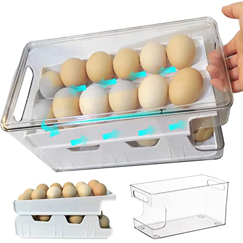 Rolling Egg Holder For Refrigerator, Double Track 24 Egg Organizer For Refrigerator, Clear Egg Container Tray For Fridge Refrigerator, Storage Box With Lid For Food, Drinks Etc. (Pearl White) #TOP7