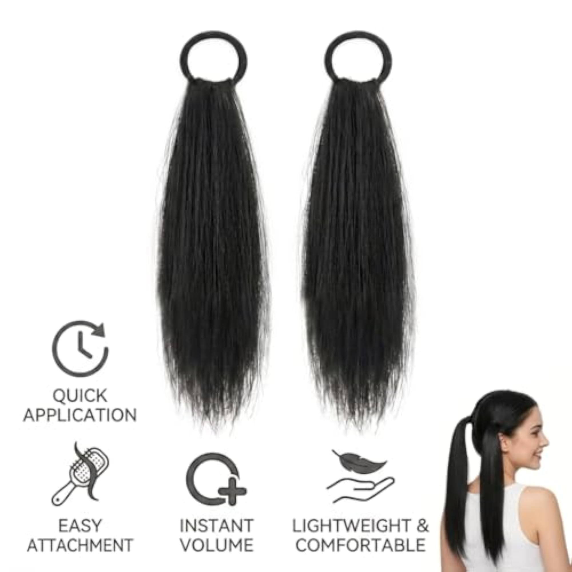 2pcs Ponytail Hair Extension, Black Long Straight