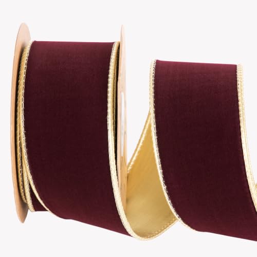 CSZD RIBBON Burgundy Velvet Wired Ribbon 2.5inch*10Yardswith Gold Backing Double-Sided Thick Luxury Decorative Ribbon for Christmas Tree,Wreath,Gift Wrapping Bows,Garland,Home Decor Crafts(burg2.5)