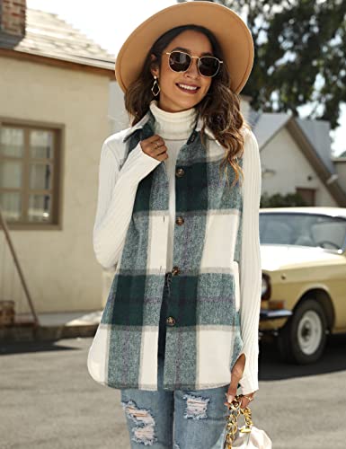 Uaneo Womens Flannel Plaid Vest Retro Button Down Pocketed Sleeveless Jacket Overshirt (Green, Small) #TOP1