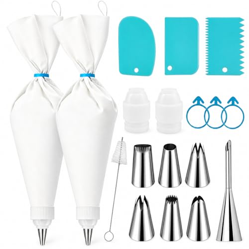 PYJHMCD Reusable Piping Bags And Tips Set 2 16-Inch Cotton Bags 7 Tips