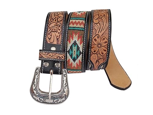 Western Tooled Leather Beaded Belt For Men and Women 30IS1143