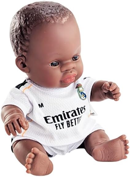 Real Madrid Realistic Reborn Baby Dolls with Official Dress, Cute Scented Body with Vanilla Perfume, Articulated and Collectible Soccer Doll, 8 1/4 inches tall | RM Official License (African Boy)