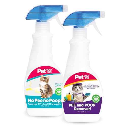 PET YOUR PET No Pee No Poop Cat Training Spray and Pee & Poop Remover Bundle – Cat Potty Training & All-in-One Cleaning Solutions, 16 Fl Oz