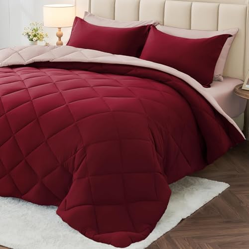 King Comforter Set 7 Pieces, Reversible Bed in a Bag, Burgundy/Rose Gold