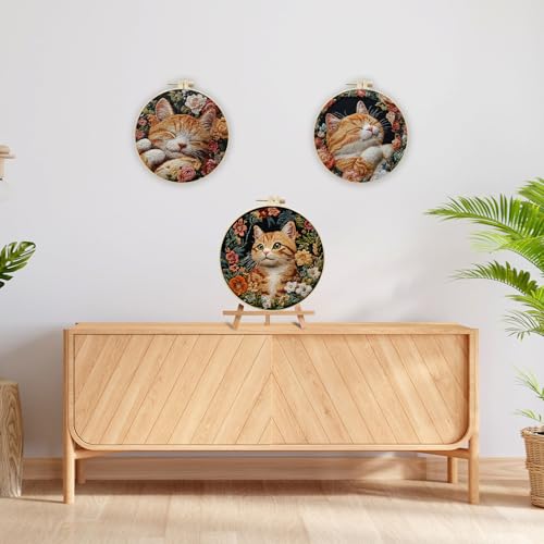 Image of EOBTAIN Orange Cat Embroidery Kit for Beginners, Cute Animal with Floral Embroidery Starter Kit,3 Pcs Flower Botanical Stamped Pattern with Hoop,Thread,Needles,Hand DIY Craft Kits for Adults
