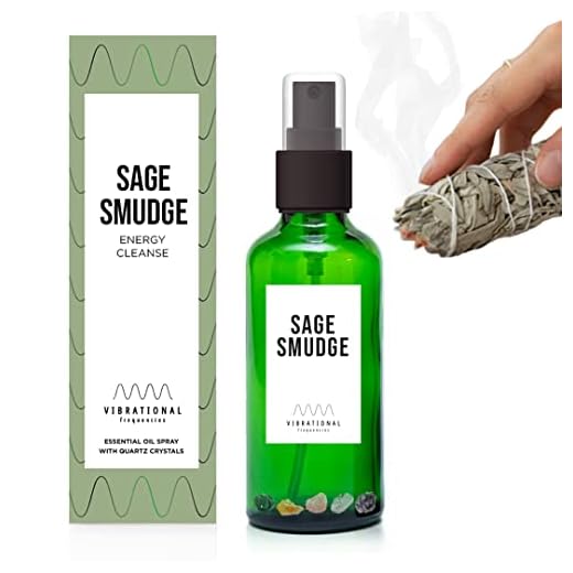 Pure Sage Smudge Natural Essential Oil Essence Spray with Quartz Crystals for Body and Space, Energy Cleansing Home Fragrance, Smudging Negativity, Fragrant Room Sprays (Sage Smudge)