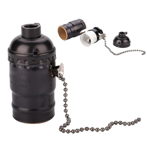 Majatou E27 Aluminum Vintage Light Socket, Antique Pull Chain Desk Table Lamp Lighting Holder Replacement Lighting Bulbs Screw Base (Black)