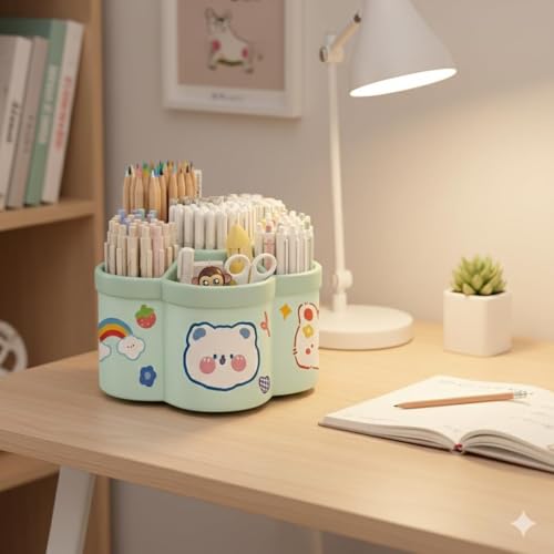 Image of Sumiko Sumiko 360 Degree Rotating Pen Holder Desk School Study Stationery Gift for Students Organiser with Pen and Pencil Holders Pen and Pencil Stationary Storage Plastic Storage Box (GREEN)