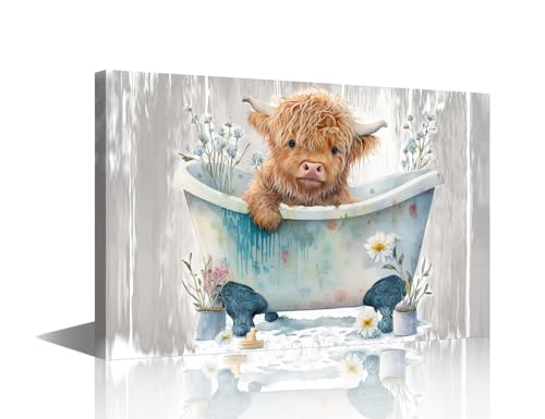Vache Highland dans la baignoire toile décorative salon esprit cosy
