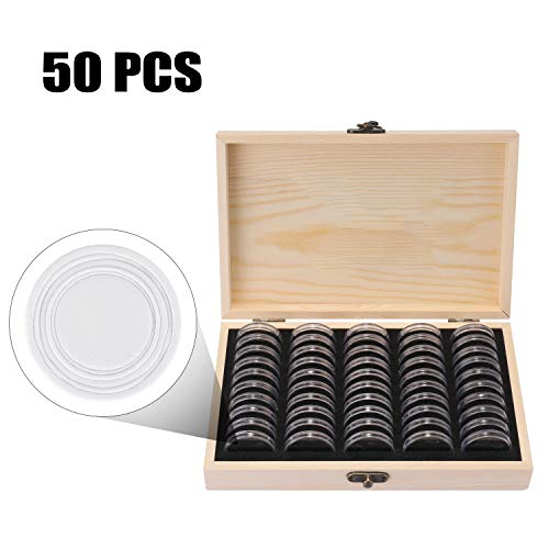 Decdeal Coins Holder, Wooden Coins Storage Box for Collectible Commemorative Coin with 50pcs Capsules Accommodate